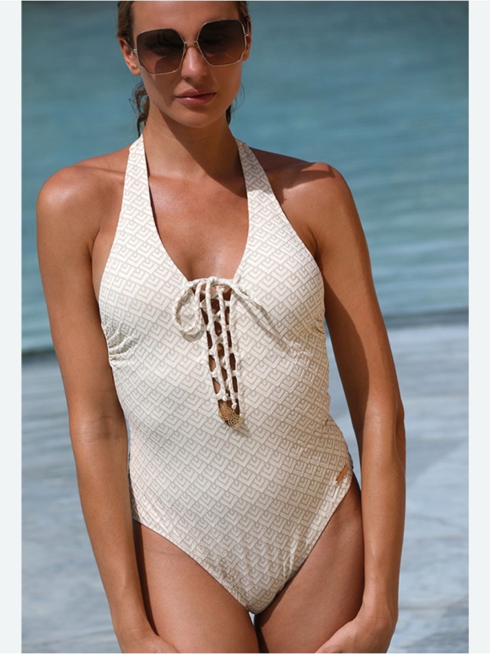 Soraya St Barth Halter Lace-Up One-Piece Swimsuit in Cream